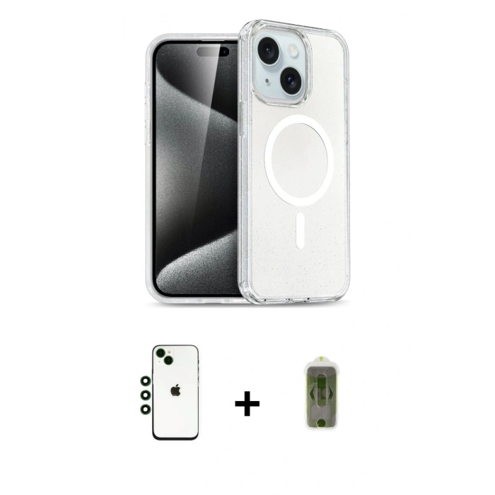 MARSİLYAN™- iPhone 14 Kılıf Nova Asil Prime - Siyah Joko Magic 5D Hayalet Cam + Yeşil Shine Kamera Lens