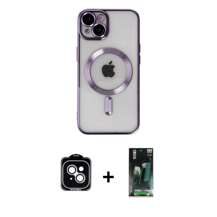 MARSİLYAN™- iPhone 14 Kılıf Nova Işık Özel Seri - Şeffaf 360 Full Body Arka Koruyucu + PVD Metal Kamera Lens - GS