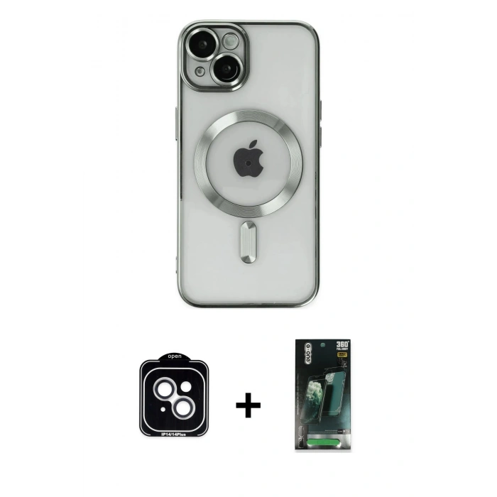 MARSİLYAN™- iPhone 14 Kılıf Nova Işık Özel Seri - Şeffaf 360 Full Body Arka Koruyucu + PVD Metal Kamera Lens - GS