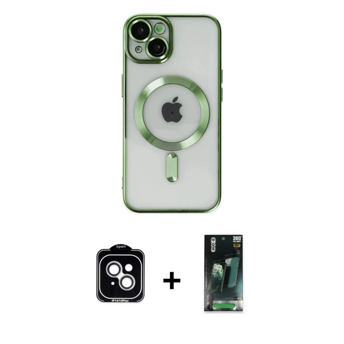 MARSİLYAN™- iPhone 14 Kılıf Nova Işık Özel Seri - Şeffaf 360 Full Body Arka Koruyucu + PVD Metal Kamera Lens - GS