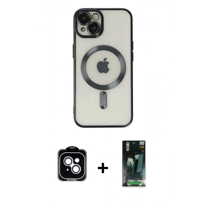 MARSİLYAN™- iPhone 14 Kılıf Nova Işık Özel Seri - Şeffaf 360 Full Body Arka Koruyucu + PVD Metal Kamera Lens - GS