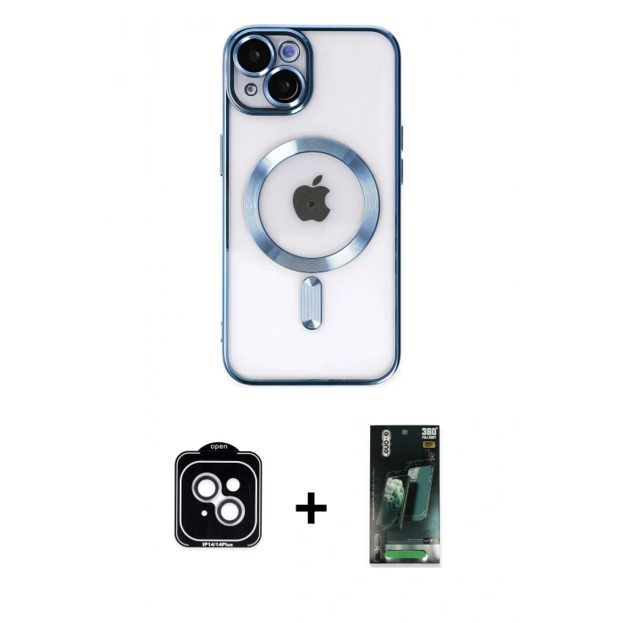 MARSİLYAN™- iPhone 14 Kılıf Nova Işık Özel Seri - Şeffaf 360 Full Body Arka Koruyucu + PVD Metal Kamera Lens - GS
