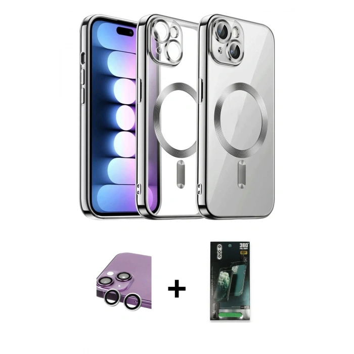 MARSİLYAN™- iPhone 14 Kılıf Nova Işık Özel Seri - Şeffaf 360 Full Body Arka Koruyucu + Raze Metal Kamera Lens - GS