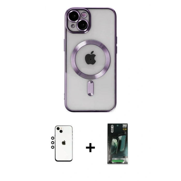 MARSİLYAN™- iPhone 14 Kılıf Nova Işık Özel Seri - Şeffaf 360 Full Body Arka Koruyucu + Gümüş Shine Kamera Lens