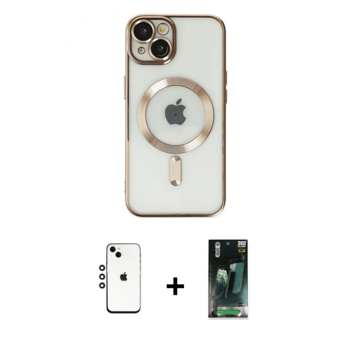 MARSİLYAN™- iPhone 14 Kılıf Nova Işık Özel Seri - Şeffaf 360 Full Body Arka Koruyucu + Gümüş Shine Kamera Lens