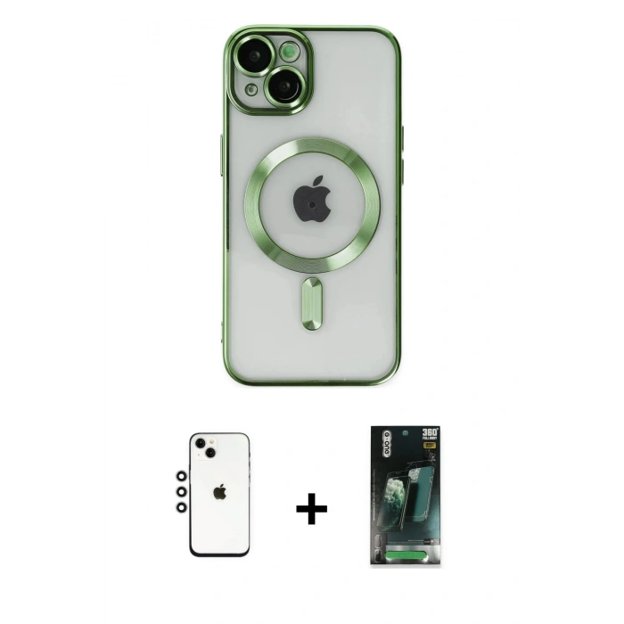 MARSİLYAN™- iPhone 14 Kılıf Nova Işık Özel Seri - Şeffaf 360 Full Body Arka Koruyucu + Gümüş Shine Kamera Lens
