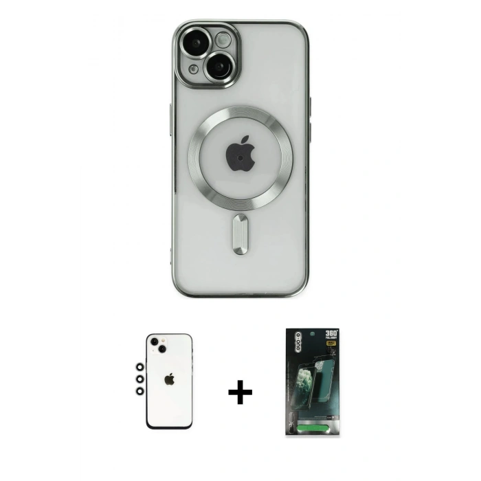 MARSİLYAN™- iPhone 14 Kılıf Nova Işık Özel Seri - Şeffaf 360 Full Body Arka Koruyucu + Gümüş Shine Kamera Lens