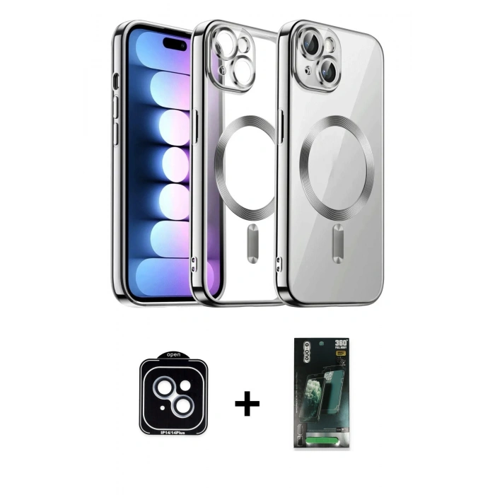 MARSİLYAN™- iPhone 14 Kılıf Nova Işık Özel Seri - Şeffaf 360 Full Body Arka Koruyucu + PVD Metal Kamera Lens - MI