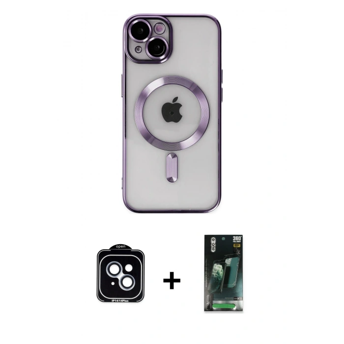 MARSİLYAN™- iPhone 14 Kılıf Nova Işık Özel Seri - Şeffaf 360 Full Body Arka Koruyucu + PVD Metal Kamera Lens - MI