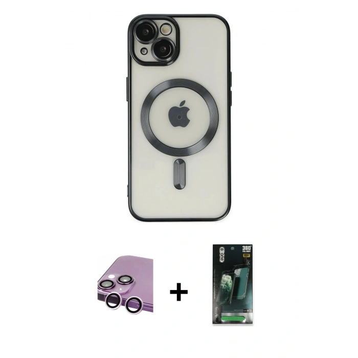 MARSİLYAN™- iPhone 14 Kılıf Nova Işık Özel Seri - Şeffaf 360 Full Body Arka Koruyucu + Mor Raze Metal Kamera Lens
