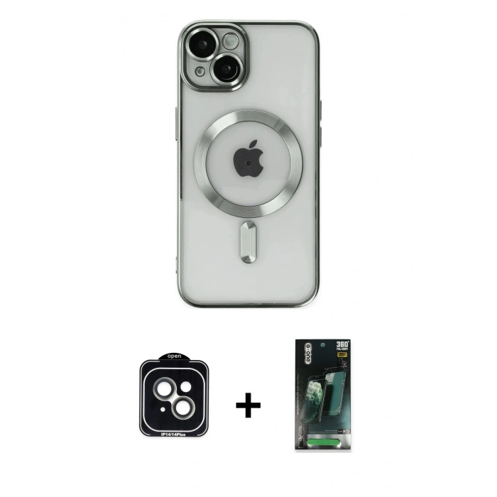 MARSİLYAN™- iPhone 14 Kılıf Nova Işık Özel Seri - Şeffaf 360 Full Body Arka Koruyucu + PVD Metal Kamera Lens - YL