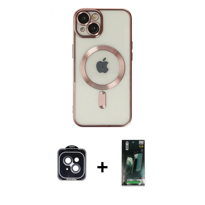 MARSİLYAN™- iPhone 14 Kılıf Nova Işık Özel Seri - Şeffaf 360 Full Body Arka Koruyucu + PVD Metal Kamera Lens - SH