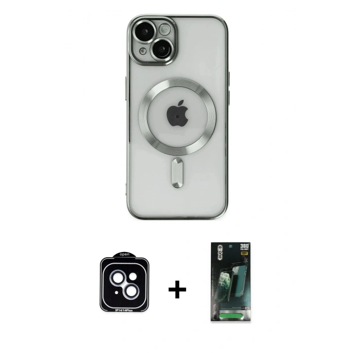MARSİLYAN™- iPhone 14 Kılıf Nova Işık Özel Seri - Şeffaf 360 Full Body Arka Koruyucu + PVD Metal Kamera Lens - MI
