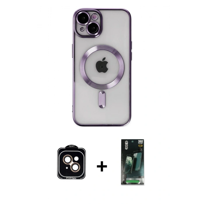 MARSİLYAN™- iPhone 14 Kılıf Nova Işık Özel Seri - Şeffaf 360 Full Body Arka Koruyucu + PVD Metal Kamera Lens - TU
