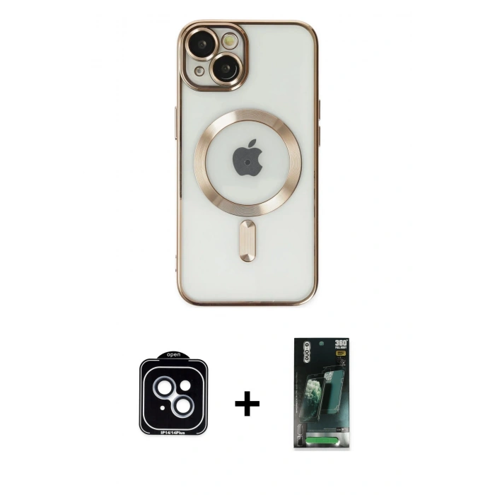MARSİLYAN™- iPhone 14 Kılıf Nova Işık Özel Seri - Şeffaf 360 Full Body Arka Koruyucu + PVD Metal Kamera Lens - MI
