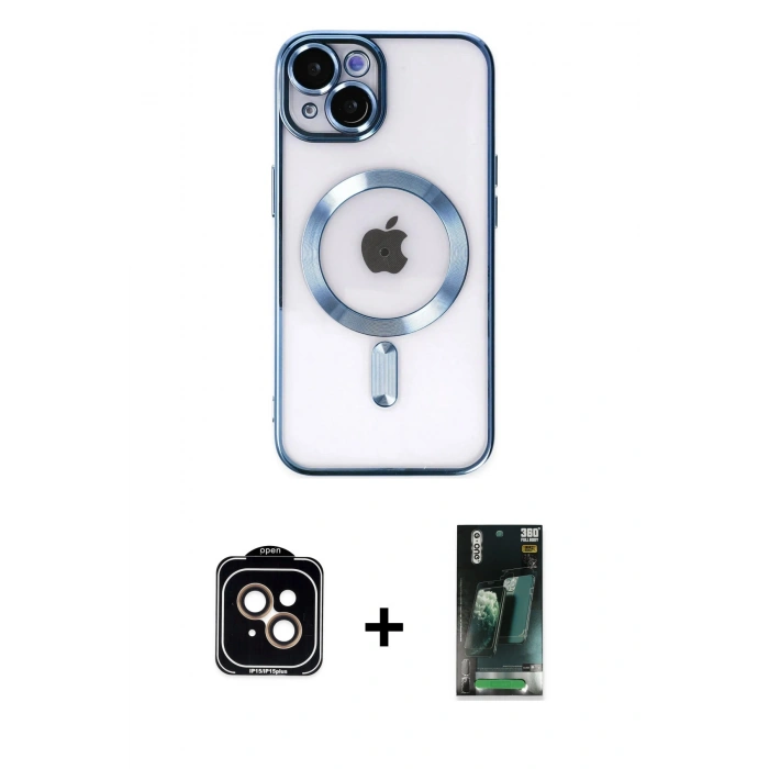 MARSİLYAN™- iPhone 14 Kılıf Nova Işık Özel Seri - Şeffaf 360 Full Body Arka Koruyucu + PVD Metal Kamera Lens - TU
