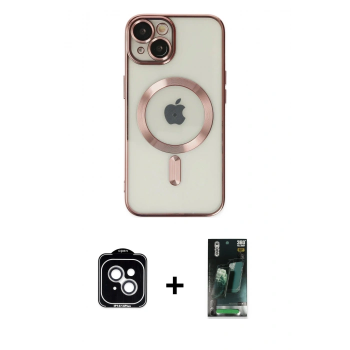 MARSİLYAN™- iPhone 14 Kılıf Nova Işık Özel Seri - Şeffaf 360 Full Body Arka Koruyucu + PVD Metal Kamera Lens - GS
