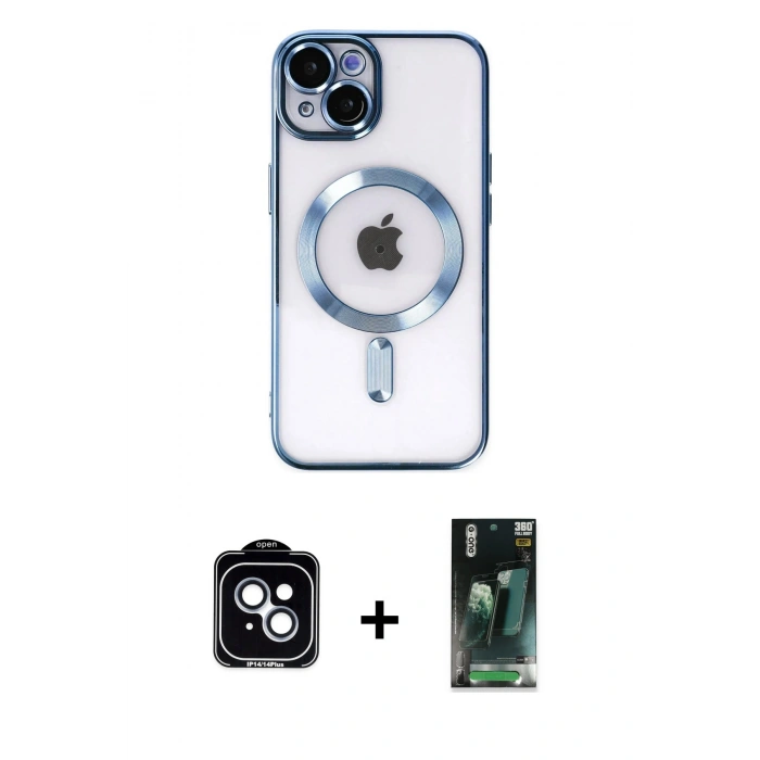 MARSİLYAN™- iPhone 14 Kılıf Nova Işık Özel Seri - Şeffaf 360 Full Body Arka Koruyucu + PVD Metal Kamera Lens - MI