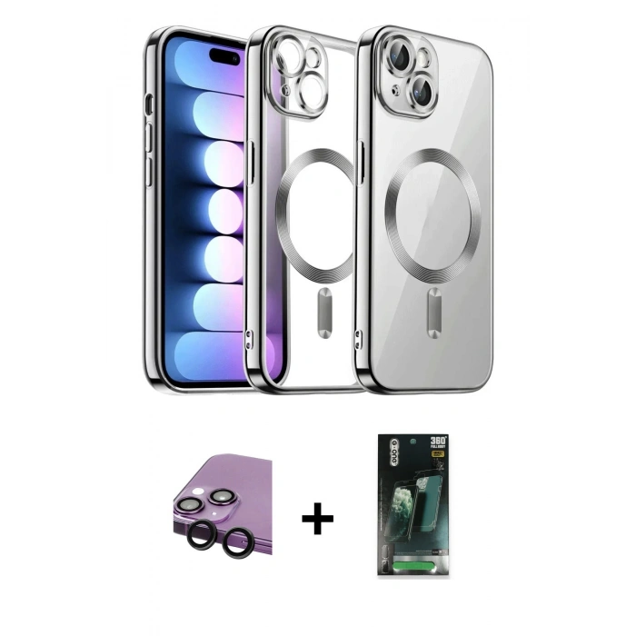 MARSİLYAN™- iPhone 14 Kılıf Nova Işık Özel Seri - Şeffaf 360 Full Body Arka Koruyucu + Raze Metal Kamera Lens - SH
