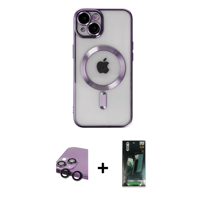 MARSİLYAN™- iPhone 14 Kılıf Nova Işık Özel Seri - Şeffaf 360 Full Body Arka Koruyucu + Raze Metal Kamera Lens - SH
