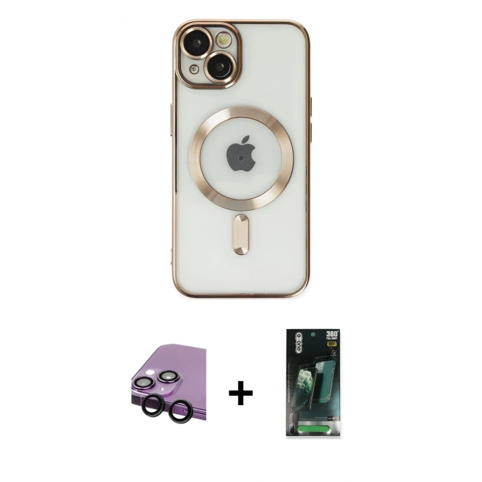 MARSİLYAN™- iPhone 14 Kılıf Nova Işık Özel Seri - Şeffaf 360 Full Body Arka Koruyucu + Raze Metal Kamera Lens - SH