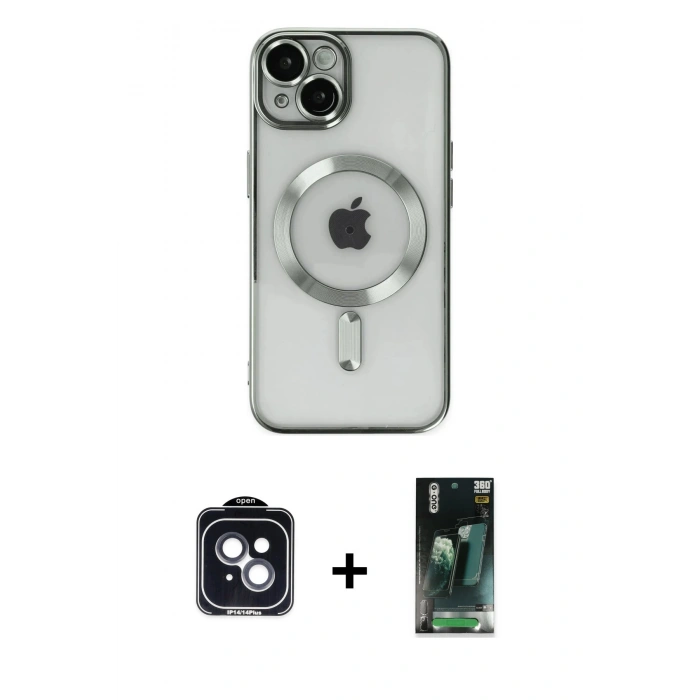 MARSİLYAN™- iPhone 14 Kılıf Nova Işık Özel Seri - Şeffaf 360 Full Body Arka Koruyucu + PVD Metal Kamera Lens - SH