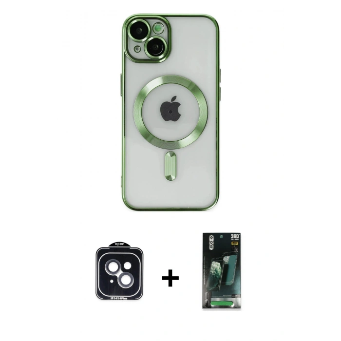 MARSİLYAN™- iPhone 14 Kılıf Nova Işık Özel Seri - Şeffaf 360 Full Body Arka Koruyucu + PVD Metal Kamera Lens - SH