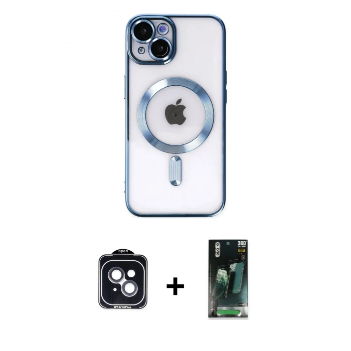 MARSİLYAN™- iPhone 14 Kılıf Nova Işık Özel Seri - Şeffaf 360 Full Body Arka Koruyucu + PVD Metal Kamera Lens - SH
