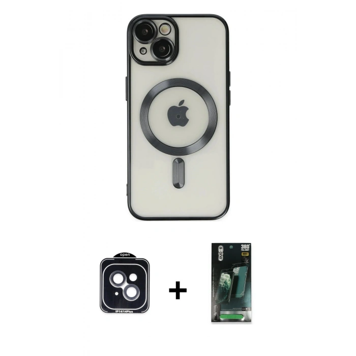 MARSİLYAN™- iPhone 14 Kılıf Nova Işık Özel Seri - Şeffaf 360 Full Body Arka Koruyucu + PVD Metal Kamera Lens - SH