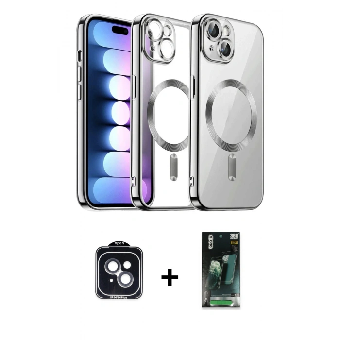 MARSİLYAN™- iPhone 14 Kılıf Nova Işık Özel Seri - Şeffaf 360 Full Body Arka Koruyucu + PVD Metal Kamera Lens - SH