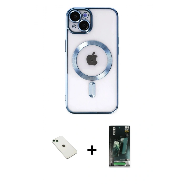 MARSİLYAN™- iPhone 14 Kılıf Nova Işık Özel Seri - Şeffaf 360 Full Body Arka Koruyucu + Yeşil Diamond Kamera Lens