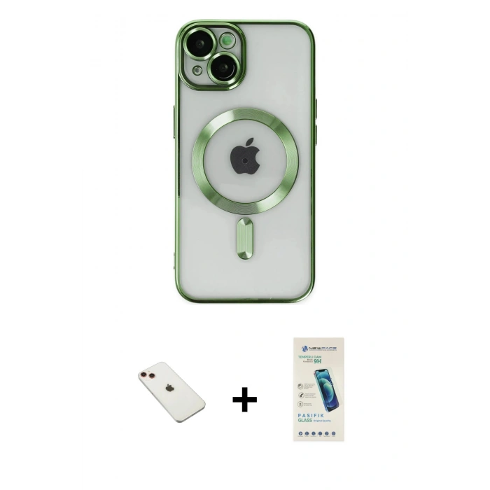 MARSİLYAN™- iPhone 14 Kılıf Nova Işık Özel Seri - Şeffaf Pasifik Cam Ekran Koruyucu + Diamond Kamera Lens - KI