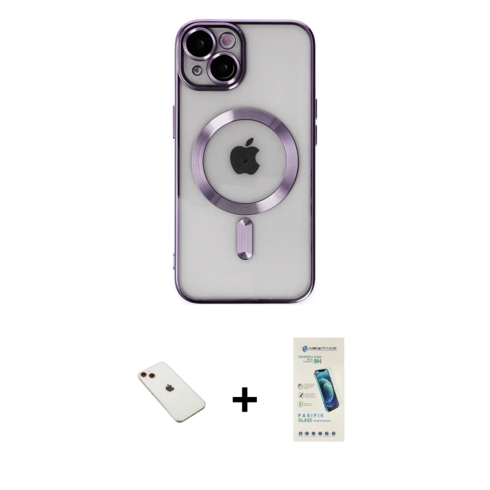 MARSİLYAN™- iPhone 14 Kılıf Nova Işık Özel Seri - Şeffaf Pasifik Cam Ekran Koruyucu + Diamond Kamera Lens - KI