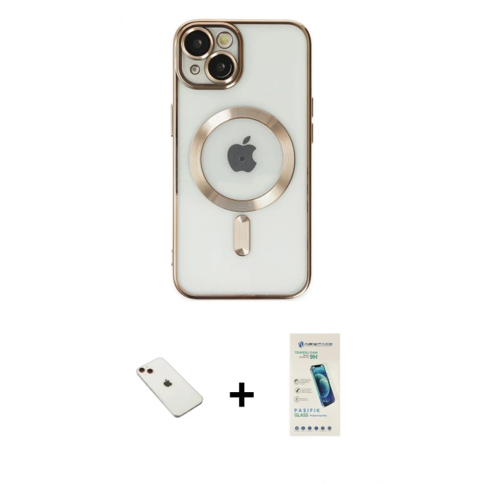 MARSİLYAN™- iPhone 14 Kılıf Nova Işık Özel Seri - Şeffaf Pasifik Cam Ekran Koruyucu + Diamond Kamera Lens - KI