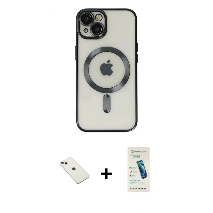 MARSİLYAN™- iPhone 14 Kılıf Nova Işık Özel Seri - Şeffaf Pasifik Cam Ekran Koruyucu + Diamond Kamera Lens - KI