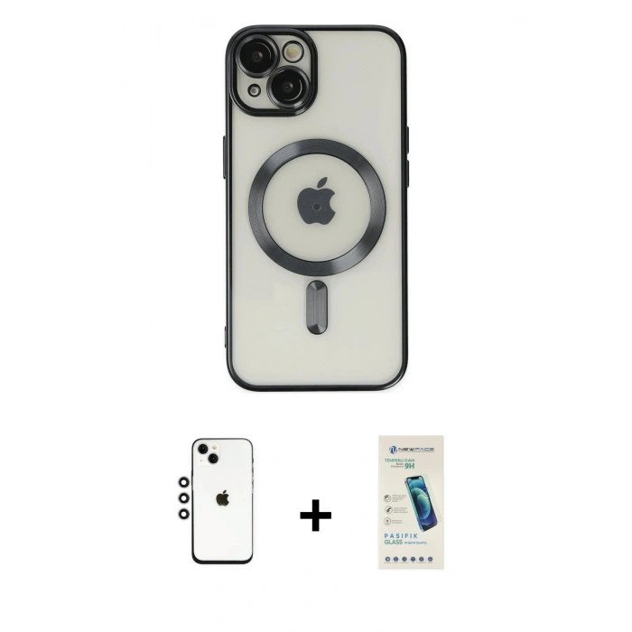 MARSİLYAN™- iPhone 14 Kılıf Nova Işık Özel Seri - Şeffaf Pasifik Cam Ekran Koruyucu + Gümüş Shine Kamera Lens