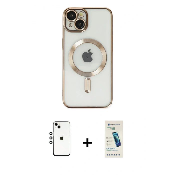 MARSİLYAN™- iPhone 14 Kılıf Nova Işık Özel Seri - Şeffaf Pasifik Cam Ekran Koruyucu + Gümüş Shine Kamera Lens
