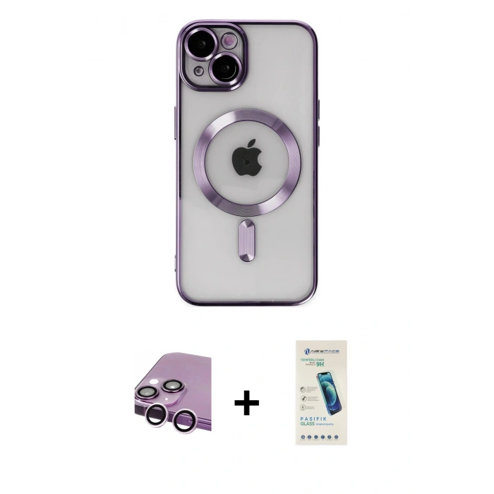 MARSİLYAN™- iPhone 14 Kılıf Nova Işık Özel Seri - Şeffaf Pasifik Cam Ekran Koruyucu + Raze Metal Kamera Lens - MR
