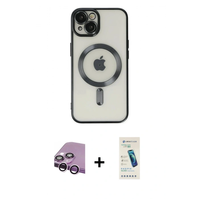 MARSİLYAN™- iPhone 14 Kılıf Nova Işık Özel Seri - Şeffaf Pasifik Cam Ekran Koruyucu + Raze Metal Kamera Lens - MR