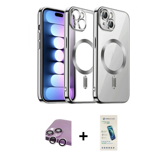 MARSİLYAN™- iPhone 14 Kılıf Nova Işık Özel Seri - Şeffaf Pasifik Cam Ekran Koruyucu + Raze Metal Kamera Lens - MR