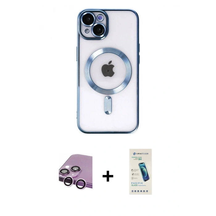 MARSİLYAN™- iPhone 14 Kılıf Nova Işık Özel Seri - Şeffaf Pasifik Cam Ekran Koruyucu + Raze Metal Kamera Lens - MR