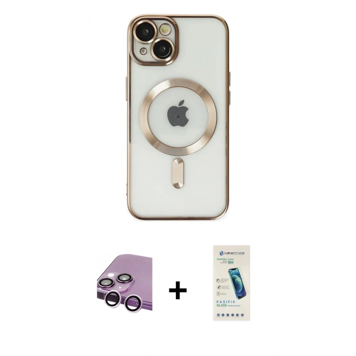 MARSİLYAN™- iPhone 14 Kılıf Nova Işık Özel Seri - Şeffaf Pasifik Cam Ekran Koruyucu + Raze Metal Kamera Lens - MR