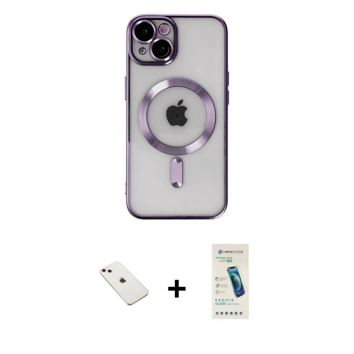 MARSİLYAN™- iPhone 14 Kılıf Nova Işık Özel Seri - Şeffaf Pasifik Cam Ekran Koruyucu + Diamond Kamera Lens - PE