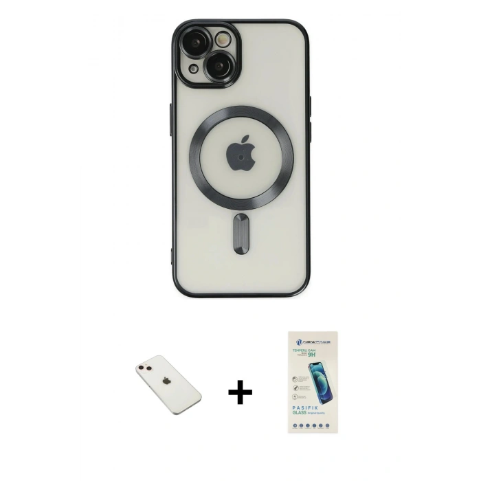 MARSİLYAN™- iPhone 14 Kılıf Nova Işık Özel Seri - Şeffaf Pasifik Cam Ekran Koruyucu + Diamond Kamera Lens - PE