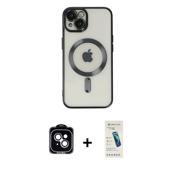 MARSİLYAN™- iPhone 14 Kılıf Nova Işık Özel Seri - Şeffaf Pasifik Cam Ekran Koruyucu + PVD Metal Kamera Lens - MI