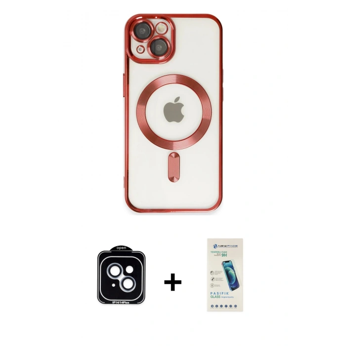 MARSİLYAN™- iPhone 14 Kılıf Nova Işık Özel Seri - Şeffaf Pasifik Cam Ekran Koruyucu + PVD Metal Kamera Lens - MI