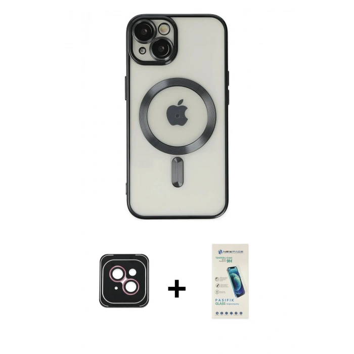 MARSİLYAN™- iPhone 14 Kılıf Nova Işık Özel Seri - Şeffaf Pasifik Cam Ekran Koruyucu + PVD Metal Kamera Lens - PE