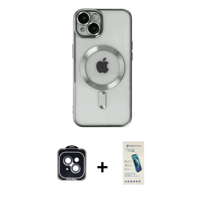 MARSİLYAN™- iPhone 14 Kılıf Nova Işık Özel Seri - Şeffaf Pasifik Cam Ekran Koruyucu + PVD Metal Kamera Lens - SH