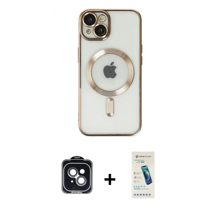 MARSİLYAN™- iPhone 14 Kılıf Nova Işık Özel Seri - Şeffaf Pasifik Cam Ekran Koruyucu + PVD Metal Kamera Lens - SH
