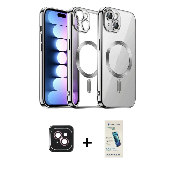 MARSİLYAN™- iPhone 14 Kılıf Nova Işık Özel Seri - Şeffaf Pasifik Cam Ekran Koruyucu + PVD Metal Kamera Lens - PE